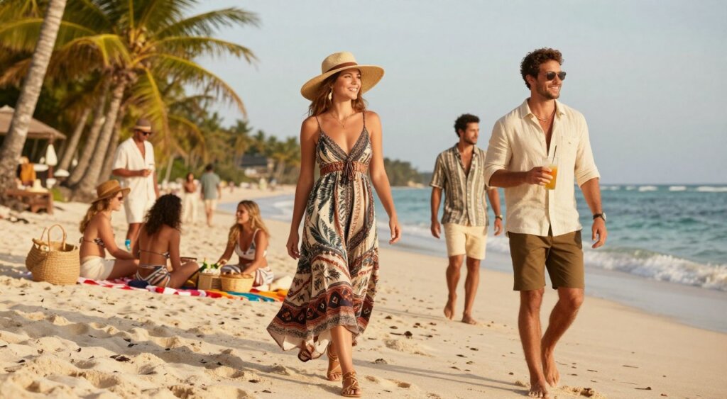 A vibrant beach scene capturing the essence of Bali aesthetic fashion, featuring a diverse group of individuals in stylish, versatile beach outfits ideal for various occasions. In the foreground, a woman wears a flowy, patterned sundress paired with a wide-brimmed hat and stylish sandals, smiling as she strolls along the shore. Beside her, a man showcases a chic linen shirt and tailored shorts, holding a refreshing drink. The middle ground reveals beach activities, with people relaxing on colorful beach towels and a picnic setup, all illuminated by warm, golden sunlight. The backdrop features lush palm trees swaying gently and the turquoise sea, creating a serene, inviting atmosphere. The scene is captured in a soft-focus with a warm color palette, evoking a chic, carefree beach vibe.