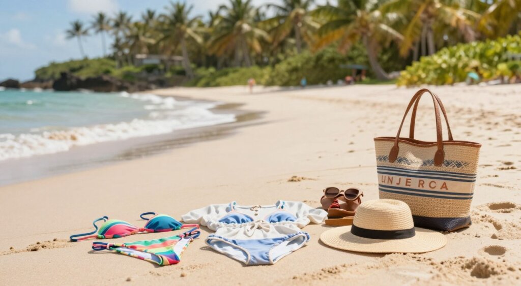 A vibrant beach scene showcasing a variety of stylish swimwear and beachwear essentials ideal for solo female travelers. In the foreground, neatly arranged are a colorful bikini, a light cover-up, a wide-brimmed straw hat, and a chic beach tote. The middle ground features a beautiful stretch of sandy beach and gentle waves lapping at the shore. In the background, lush tropical greenery sways in a soft breeze under bright sunlight, illuminating the scene with warm, inviting tones. The image should evoke a sense of relaxation and adventure, embodying a carefree beach vacation atmosphere. Use a shallow depth of field to focus on the swimwear while softly blurring the background, capturing a sense of professional photojournalism with a National Geographic quality.