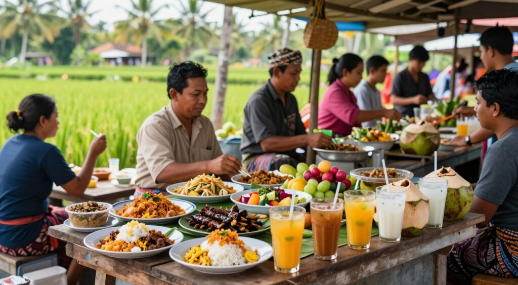 A vibrant, bustling Balinese food market scene, centered on a wooden stall adorned with colorful traditional dishes and drinks. In the foreground, appetizing plates featuring Nasi Goreng, satay, and vibrant tropical fruits, alongside refreshing glasses of fresh coconut water and local juices. In the middle, vendors in modest traditional attire, skillfully preparing food and interacting with locals and tourists, showcasing the rich culinary culture. The background reveals lush green rice paddies and palm trees under a bright, sunny sky, creating an idyllic tropical atmosphere. The composition emphasizes natural lighting, capturing the warmth of the scene, with a shallow depth of field to focus on the details of the food while softly blurring the surroundings, evoking a sense of experiencing Bali's delightful flavors.