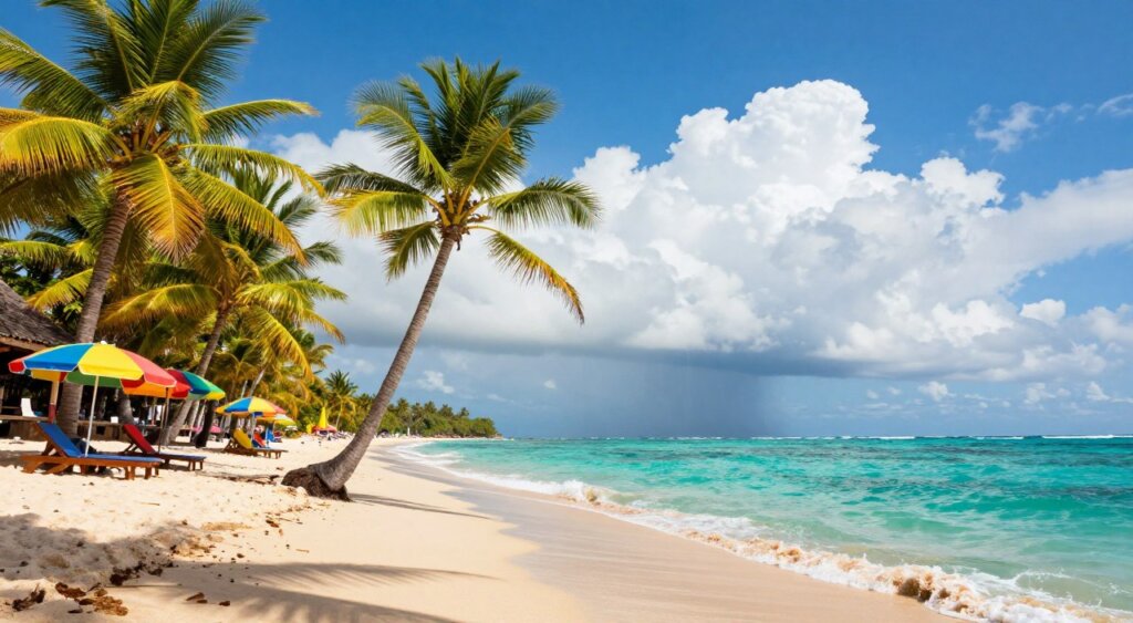 A vibrant coastal scene depicting Bali in July, emphasizing sunshine hours, rainfall, and sea temperatures. In the foreground, gentle waves lap against a sandy beach, with a few colorful beach umbrellas and sun loungers. In the middle, lush tropical palm trees sway in a light breeze, bathed in golden sunlight, casting soft shadows on the sand. The background features a clear blue sky dotted with fluffy white clouds, with a small, distant rain shower cascading over the ocean, hinting at occasional rainfall. The sea is a stunning shade of turquoise, showcasing inviting temperatures. The lighting is bright and cheerful, conveying a warm, tropical atmosphere. The scene reflects a relaxing summer vibe, perfect for illustrating Bali’s weather during July.