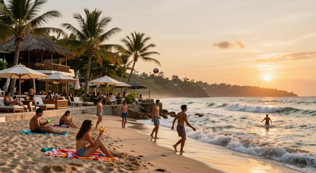 A vibrant comparison of the atmospheres of Kuta and Seminyak in Bali. In the foreground, a lively beach scene in Kuta with gently crashing waves, people enjoying the sun in modest beachwear; some playing beach volleyball, others lounging on colorful towels. In the middle ground, transition to Seminyak’s upscale ambiance with chic beachfront lounges, elegantly dressed patrons sipping cocktails under palm trees, and stylish umbrellas providing shade. The background features the iconic Balinese sunset, casting warm golden hues over both locations. Use soft lighting to create a relaxed, inviting mood, highlighting the contrasts between the lively, communal vibes of Kuta and the sophisticated, serene atmosphere of Seminyak. Capture this scene with a wide-angle lens to encapsulate the full breadth of the coastal landscapes.