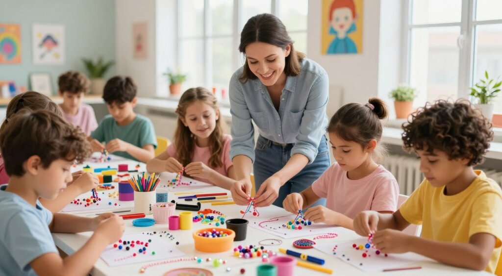 A vibrant creative jewellery-making workshop for children, featuring a diverse group of children aged 7-12, engaging enthusiastically in crafting colorful beads and unique pieces of jewellery. In the foreground, a table is adorned with an array of sparkly beads, strings, and tools, illuminating the bright, playful atmosphere. In the middle ground, a cheerful instructor, dressed in modest casual attire, guides the children with a warm smile, fostering a sense of community and creativity. The background reveals large windows letting in soft natural light, accentuating the warmth of the workshop space adorned with art and craft supplies. The image is captured in a bright, vivid style with a soft focus background to emphasize the joyful expressions of the children, evoking a sense of creativity and fun. The mood is lively and inspiring.