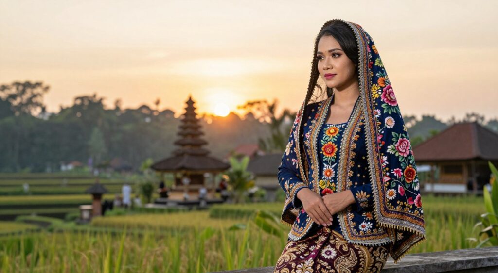 A vibrant depiction of the historical roots of kebaya fashion, showcasing a traditional Balinese woman elegantly draped in a richly embroidered kebaya ensemble with intricate floral patterns. In the foreground, her graceful pose exudes the elegance of this traditional attire, complemented by a batik sarong. The middle ground features a serene Balinese landscape, complete with terraced rice fields and traditional architecture, hinting at cultural significance. In the background, a soft, golden sunset creates a warm, inviting atmosphere, casting a gentle glow on the scene. Utilize natural lighting to emphasize the textures and colors of the kebaya, shot with a shallow depth of field to enhance focus on the subject. The overall mood is one of reverence for tradition and beauty, encapsulating the essence of Balinese fashion history. A vibrant depiction of the historical roots of kebaya fashion, showcasing a traditional Balinese woman elegantly draped in a richly embroidered kebaya ensemble with intricate floral patterns. In the foreground, her graceful pose exudes the elegance of this traditional attire, complemented by a batik sarong. The middle ground features a serene Balinese landscape, complete with terraced rice fields and traditional architecture, hinting at cultural significance. In the background, a soft, golden sunset creates a warm, inviting atmosphere, casting a gentle glow on the scene. Utilize natural lighting to emphasize the textures and colors of the kebaya, shot with a shallow depth of field to enhance focus on the subject. The overall mood is one of reverence for tradition and beauty, encapsulating the essence of Balinese fashion history.
