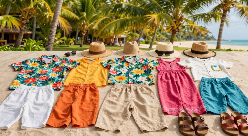 A vibrant display of clothing suitable for Bali, showcasing lightweight, breathable fabrics like cotton and linen in bright, tropical colors. In the foreground, a neatly arranged assortment of casual outfits including floral print shirts, loose-fitting trousers, and comfortable sandals. The middle ground features a variety of accessories such as hats and sunglasses, all perfectly styled for a Bali vacation. In the background, a lush tropical landscape acts as a natural backdrop, with palm trees and a hint of a sandy beach visible. The lighting is warm and inviting, reminiscent of a sunny day in Bali, highlighting the textures of the fabrics. The overall atmosphere is relaxed and cheerful, embodying the spirit of leisurely island life.