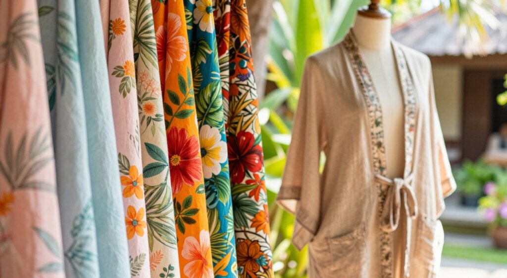 A vibrant display of tropical fabrics suitable for Bali's warm climate, showcasing lightweight linen and breathable cotton in a harmonious array of colors: soft pastels, bright floral prints, and earthy tones. In the foreground, neatly arranged swatches of the fabrics highlight their texture and pattern intricacies. The middle ground features a stylishly draped mannequin wearing an airy, chic outfit made from these materials, symbolizing comfort and elegance. In the background, lush greenery and subtle hints of Balinese architecture create an inviting atmosphere, bathed in natural sunlight for a warm and cheerful mood. The image captures a relaxed, vacation-ready vibe, perfect for an elevated Balinese aesthetic. The scene is composed with a soft-focus lens effect, enhancing the tropical ambiance while ensuring clarity in the fabric details.
