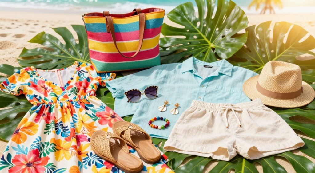 A vibrant flat lay composition of tropical wardrobe essentials, featuring a selection of stylish clothing items and accessories suited for a Bali aesthetic. In the foreground, showcase lightweight, flowy dresses in bright floral patterns, soft cotton shirts, and linen shorts, along with woven sandals and a straw hat. Nestled among these, place tropical-themed jewelry like beaded bracelets and shell earrings. In the middle ground, incorporate a colorful beach bag and a pair of chic sunglasses. The background should consist of lush green tropical leaves and a hint of a sandy beach, softly blurred for depth. Use warm, natural lighting to create a sun-kissed feel, with a slight lens flare to enhance the beach vibe. The overall mood should be vibrant and inviting, perfect for inspiring stylish summer outfits.
