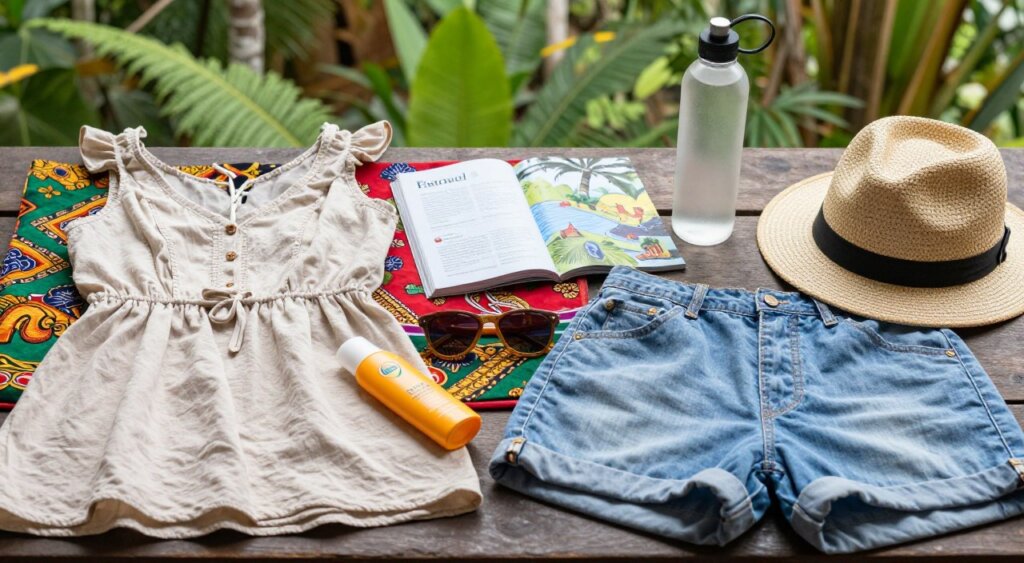 A vibrant flat lay image featuring packing essentials for a trip to Bali, highlighting items suited for the warm, humid climate of Ubud. In the foreground, neatly arranged items include lightweight cotton clothing such as breezy dresses, shorts, and hats, along with eco-friendly sunscreen and stylish sunglasses. In the middle ground, a travel guidebook and a reusable water bottle complement the outfit choices, while colorful local batik fabric peeks out from underneath. In the background, a blurred image of lush tropical greenery hints at Bali's natural beauty. Soft, natural lighting illuminates the scene, conveying a sense of calm and excitement for travel. The overall atmosphere feels inviting and adventurous, emphasizing preparation for a wonderful getaway.