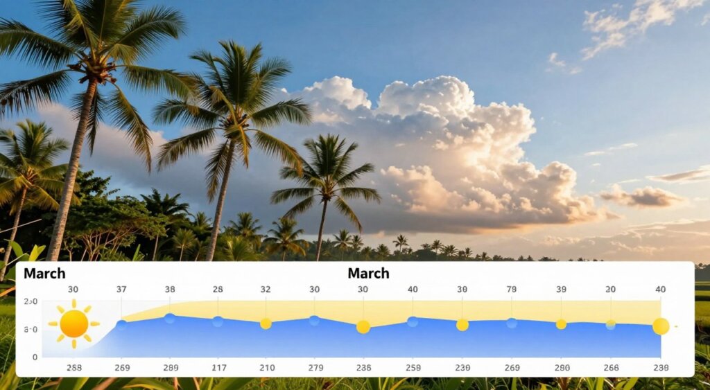 A vibrant illustration depicting Bali's March temperature and rainfall patterns. In the foreground, include a detailed weather chart displaying typical temperature ranges and rainfall measurements in a clear, visually engaging style. The middle ground should feature lush tropical landscapes, showcasing palm trees swaying gently in a warm breeze, alongside a light scattering of fluffy clouds indicating occasional rain. The background should display a bright blue sky transitioning to soft hues of sunset, reflecting Bali's tropical climate. Utilize warm, natural lighting to evoke a serene atmosphere, with a focus on harmony and balance in nature. Capture the essence of tropical weather in March, emphasizing the balance of sun and rain for visitors.