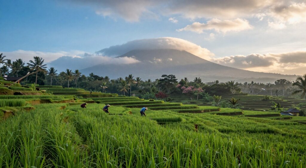 A vibrant landscape capturing the transition from Bali's dry to wet season in October. In the foreground, lush green rice terraces glisten with morning dew, dotted with small, modestly dressed farmers tending to the fields. The middle ground features a mix of clear blue skies transitioning into soft, gray rain clouds, hinting at impending showers. In the background, the iconic silhouette of a volcano rises majestically, surrounded by a blend of deep greens and hints of blooming flowers. The lighting is soft and natural, evoking a tranquil atmosphere, with golden morning sunlight filtering through the clouds, creating a serene yet dynamic mood. The scene is framed from a slightly elevated perspective, capturing the vastness of the landscape while emphasizing the harmonious blend of dry and wet season elements. A vibrant landscape capturing the transition from Bali's dry to wet season in October. In the foreground, lush green rice terraces glisten with morning dew, dotted with small, modestly dressed farmers tending to the fields. The middle ground features a mix of clear blue skies transitioning into soft, gray rain clouds, hinting at impending showers. In the background, the iconic silhouette of a volcano rises majestically, surrounded by a blend of deep greens and hints of blooming flowers. The lighting is soft and natural, evoking a tranquil atmosphere, with golden morning sunlight filtering through the clouds, creating a serene yet dynamic mood. The scene is framed from a slightly elevated perspective, capturing the vastness of the landscape while emphasizing the harmonious blend of dry and wet season elements.