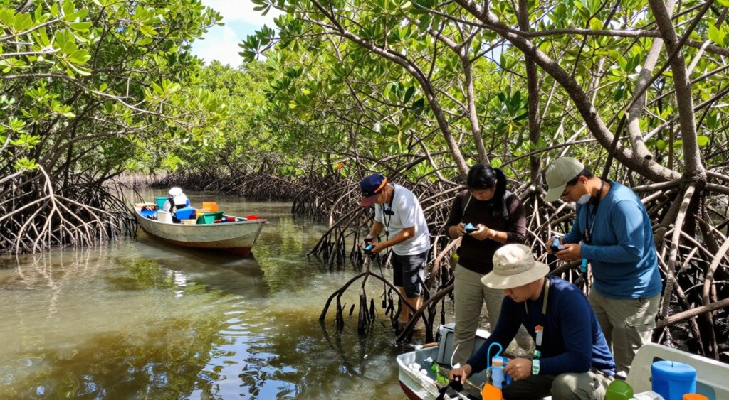 A vibrant mangrove ecosystem scene depicting researchers engaged in data collection. In the foreground, a diverse team of three professionals, wearing modest casual clothing, is carefully taking measurements with handheld equipment. In the middle ground, mangrove trees with sprawling roots and lush greenery rise from the water, while a small boat is moored nearby, stocked with research tools. The background features a serene waterway, dotted with reflections of the sky and mangrove leaf patterns. The lighting is bright and natural, illuminating the scene in a way that highlights the richness of the ecosystem. Use a wide-angle lens perspective to capture the expansive beauty of this unique environment, evoking a sense of discovery and adventure.