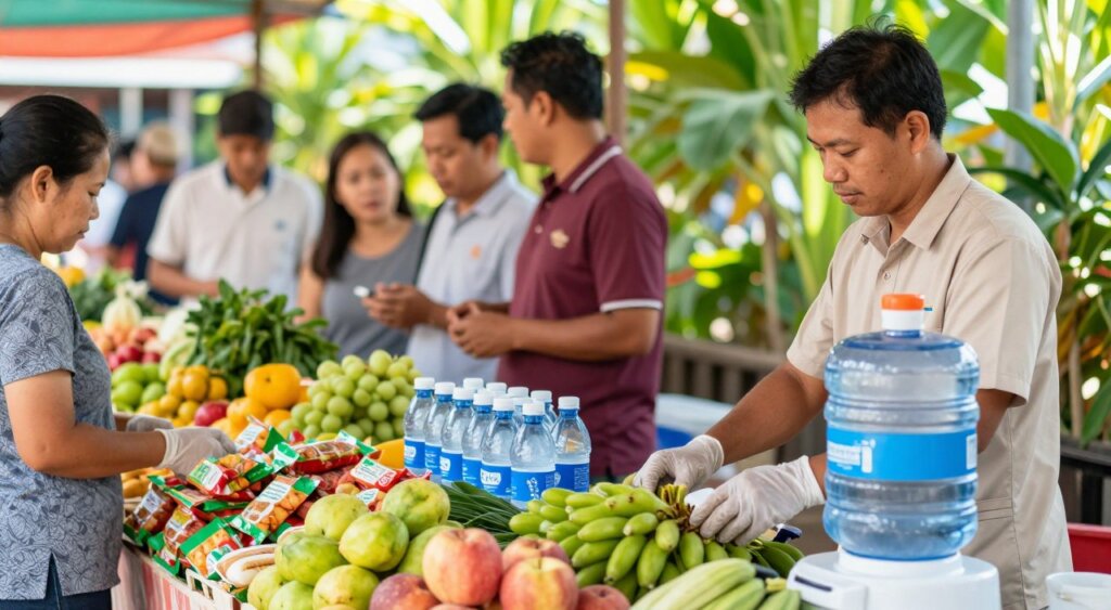 A vibrant outdoor market scene set in Southeast Asia, showcasing a variety of fresh fruits, vegetables, and local packaged foods, all displayed in an organized manner. In the foreground, a vendor in modest, professional attire is demonstrating safe food handling practices, wearing gloves while arranging produce. Adjacent, a clear water station with bottled water and clean, filtered options prominently visible. In the middle ground, local shoppers are observing the food options while engaging in discussions about food safety. The background features lush tropical greenery under bright, natural sunlight, creating a cheerful and inviting atmosphere. Capture the scene with a shallow depth of field to emphasize the food and water safety measures, while the slightly blurred background adds depth. The overall mood is informative and vibrant, highlighting the importance of food and water safety abroad. A vibrant outdoor market scene set in Southeast Asia, showcasing a variety of fresh fruits, vegetables, and local packaged foods, all displayed in an organized manner. In the foreground, a vendor in modest, professional attire is demonstrating safe food handling practices, wearing gloves while arranging produce. Adjacent, a clear water station with bottled water and clean, filtered options prominently visible. In the middle ground, local shoppers are observing the food options while engaging in discussions about food safety. The background features lush tropical greenery under bright, natural sunlight, creating a cheerful and inviting atmosphere. Capture the scene with a shallow depth of field to emphasize the food and water safety measures, while the slightly blurred background adds depth. The overall mood is informative and vibrant, highlighting the importance of food and water safety abroad.