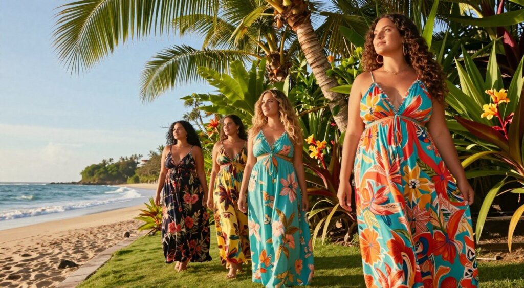A vibrant outdoor scene capturing curvy women showcasing island fashion, embodying the Bali aesthetic in lush tropical surroundings. In the foreground, three women are styled in flowing, colorful maxi dresses with floral patterns, emphasizing comfort and elegance. The middle ground features a variety of tropical plants and flowers, adding rich greenery and warm pops of color. In the background, gentle waves lap against a sandy beach under a clear blue sky, with soft sunlight filtering through palm fronds. The lighting is warm and inviting, creating a relaxed atmosphere. The angle is slightly tilted to create depth, capturing the essence of carefree island life. The mood is joyful and empowering, highlighting the beauty of plus-size fashion against a breathtaking Bali backdrop.