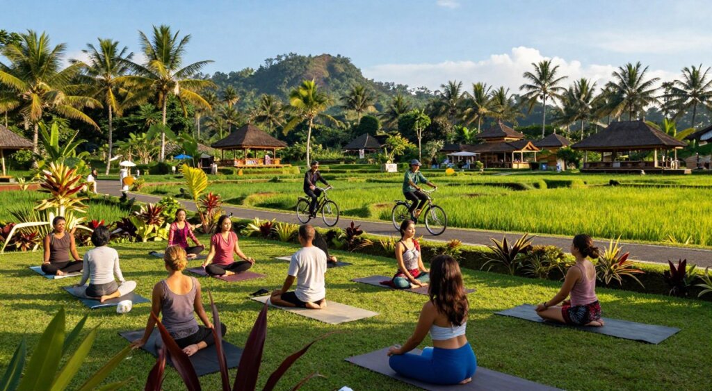 A vibrant outdoor scene capturing the essence of Ubud, Bali, showcasing an array of local activities. In the foreground, a diverse group of people engage in yoga on a lush green lawn surrounded by tropical plants, wearing modest athletic attire. In the middle ground, a couple rides bicycles along a picturesque path lined with rice paddies, with traditional Balinese architecture in the background. The background features majestic hills adorned with palm trees under a clear blue sky, indicating pleasant weather. Soft, golden sunlight filters through the foliage, creating a warm and inviting atmosphere. The angle is slightly elevated to encompass both the activities and the stunning landscape, evoking a sense of adventure and tranquility in this beautiful locale.
