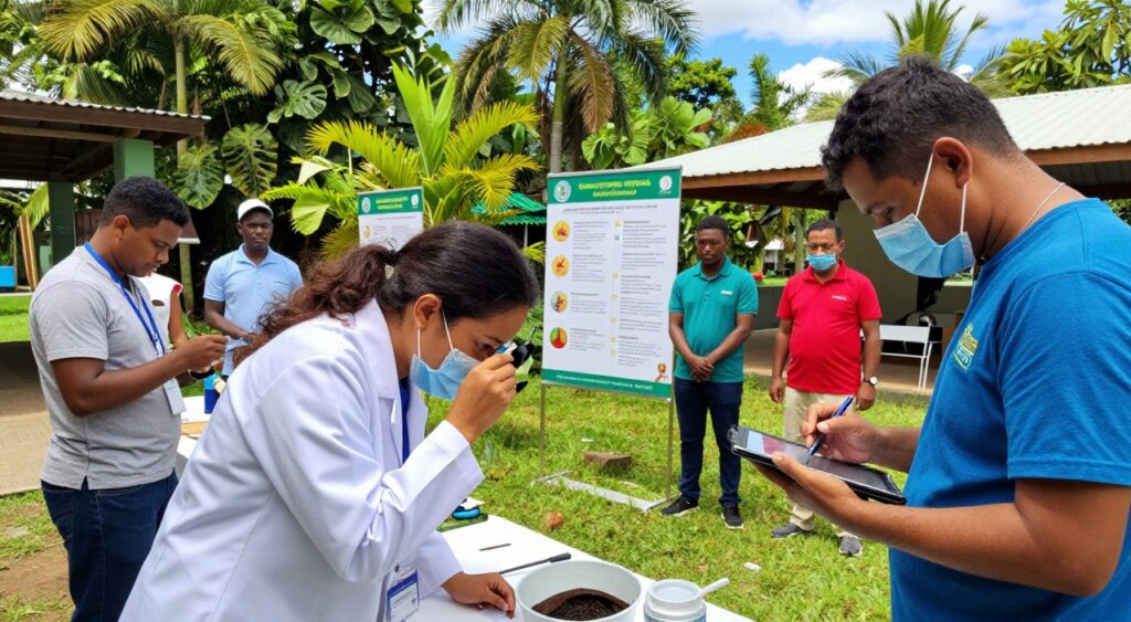 A vibrant outdoor scene depicting a group of health professionals in modest casual clothing actively engaging in preventive measures against vector-borne infections, such as malaria and dengue fever. In the foreground, a focused female scientist examines mosquito breeding sites using a hand lens, while a male colleague documents findings on a tablet. In the middle ground, educational posters about mosquito prevention strategies are displayed prominently near a community health booth. The background showcases a lush tropical environment with dense foliage and clear blue skies, emphasizing the tropical setting. The lighting is bright and natural, creating an informative and proactive atmosphere. The overall mood conveys a sense of urgency and teamwork in the fight against vector-borne diseases, aiming to inspire action and awareness. A vibrant outdoor scene depicting a group of health professionals in modest casual clothing actively engaging in preventive measures against vector-borne infections, such as malaria and dengue fever. In the foreground, a focused female scientist examines mosquito breeding sites using a hand lens, while a male colleague documents findings on a tablet. In the middle ground, educational posters about mosquito prevention strategies are displayed prominently near a community health booth. The background showcases a lush tropical environment with dense foliage and clear blue skies, emphasizing the tropical setting. The lighting is bright and natural, creating an informative and proactive atmosphere. The overall mood conveys a sense of urgency and teamwork in the fight against vector-borne diseases, aiming to inspire action and awareness.