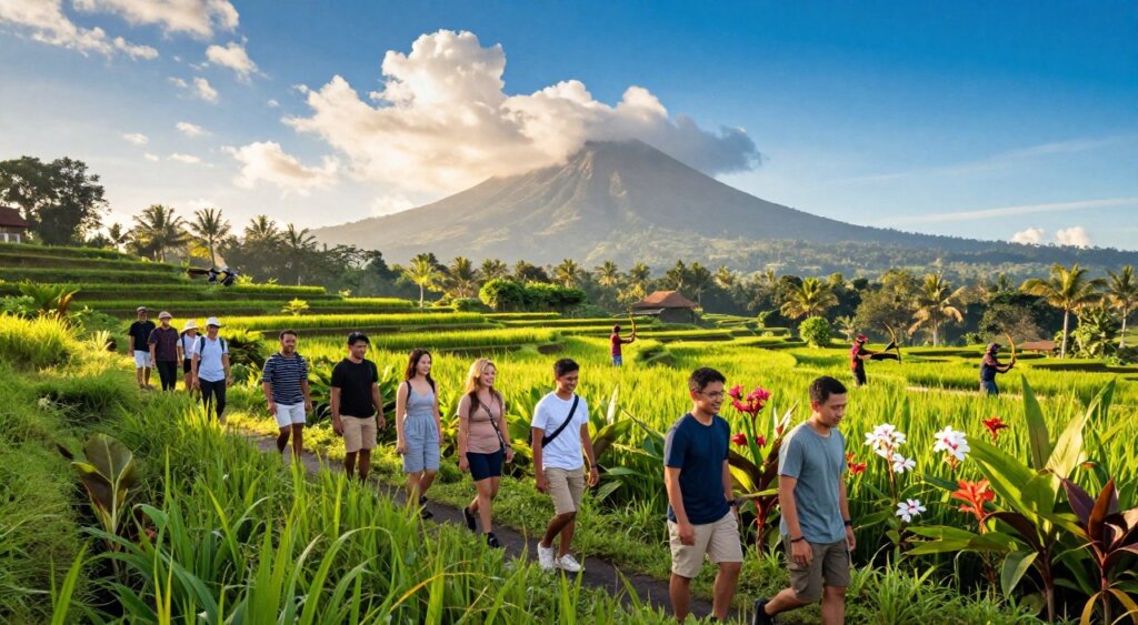 A vibrant outdoor scene in Bali during September, showcasing a variety of adventurous activities. In the foreground, a group of people wearing comfortable, modest casual clothing are hiking along a lush green trail surrounded by tropical plants and flowers, smiling and enjoying the bright sunshine. In the middle ground, a serene rice terrace is visible, reflecting the intense blue sky dotted with fluffy white clouds, while a few individuals can be seen engaging in traditional Balinese archery nearby. The background features the majestic outline of volcanic mountains under a warm golden light, enhancing the peaceful atmosphere of the scene. Capture this image with a wide-angle lens to emphasize the vastness of the landscape, basking in the mood of adventure and exploration.