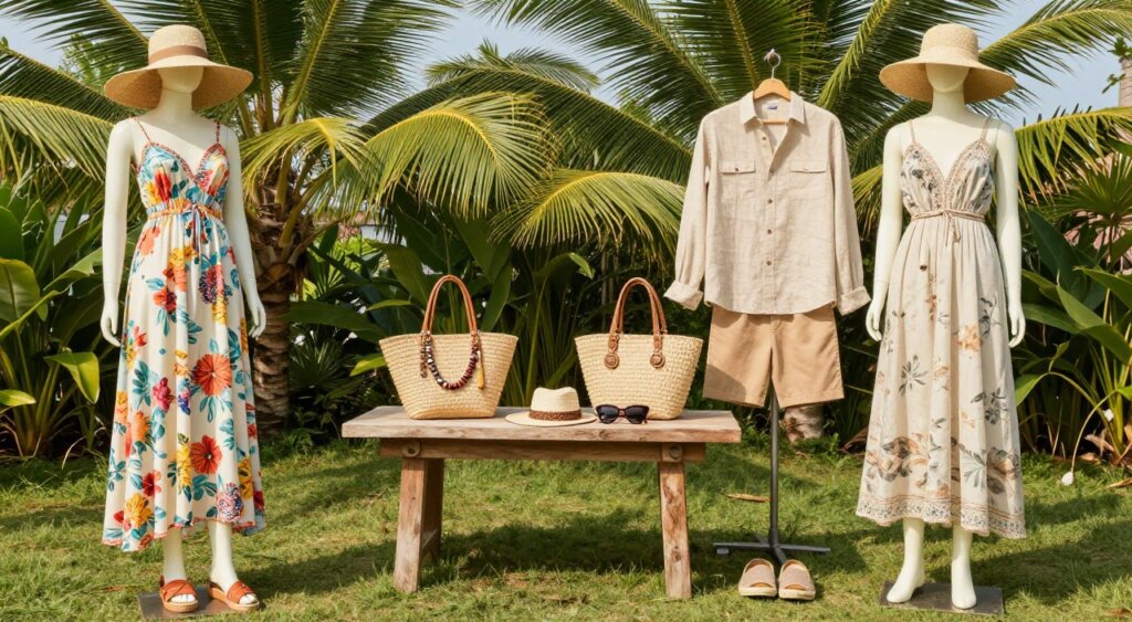 A vibrant outdoor scene showcasing a selection of chic Bali-inspired outfits arranged artistically against a lush tropical backdrop. In the foreground, display a well-styled mannequin dressed in a flowy, lightweight sundress adorned with colorful floral prints, complemented by stylish sandals and a wide-brimmed straw hat. Nearby, hang a casual yet stylish outfit featuring a breathable linen shirt paired with tailored shorts and espadrilles. The middle area features accessories like handmade jewelry, beach bags, and a pair of stylish sunglasses on a rustic wooden table. In the background, lush green palm trees and a bright blue sky create a serene and inviting atmosphere, with soft natural sunlight illuminating the scene, giving it a warm and dreamy feel. Capture the image from a slightly elevated angle, enhancing the layout and organization of the outfit combinations.