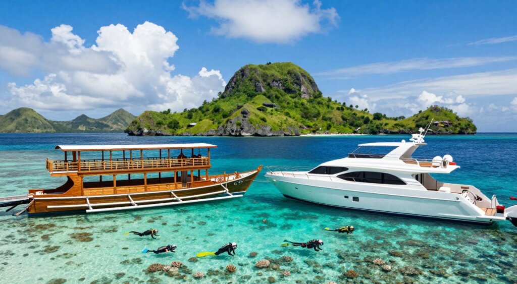 A vibrant, professional comparison of liveaboard boats for diving in Komodo, set in a picturesque tropical context. In the foreground, two distinct types of liveaboard boats are docked side by side, showcasing their unique designs and amenities: one larger, traditional wooden phinisi styled boat, and a modern, sleek yacht. In the middle ground, a vibrant coral reef is visible beneath crystal clear turquoise waters, with divers exploring the underwater scene. The background features lush green islands under a bright blue sky with fluffy white clouds, enhancing the tropical ambiance. Soft, natural daylight illuminates the scene, creating a warm and inviting atmosphere. The composition should evoke curiosity and excitement about diving adventures in Komodo without any text or distractions. A vibrant, professional comparison of liveaboard boats for diving in Komodo, set in a picturesque tropical context. In the foreground, two distinct types of liveaboard boats are docked side by side, showcasing their unique designs and amenities: one larger, traditional wooden phinisi styled boat, and a modern, sleek yacht. In the middle ground, a vibrant coral reef is visible beneath crystal clear turquoise waters, with divers exploring the underwater scene. The background features lush green islands under a bright blue sky with fluffy white clouds, enhancing the tropical ambiance. Soft, natural daylight illuminates the scene, creating a warm and inviting atmosphere. The composition should evoke curiosity and excitement about diving adventures in Komodo without any text or distractions.