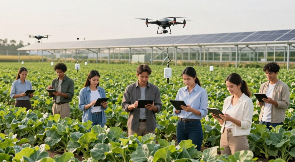 A vibrant, professional image depicting digital transformation in agriculture focusing on food safety. In the foreground, a diverse group of farmers, dressed in professional and modest work attire, use digital tablets and drones to monitor their crops. The middle ground features lush green fields with advanced technology like sensors and irrigation systems visibly integrated. The background shows a futuristic farm with solar panels and high-tech greenhouses. Soft, natural lighting creates a warm atmosphere, while a wide-angle lens captures the breadth of the landscape, emphasizing innovation in agriculture. The mood is optimistic and proactive, reflecting a commitment to enhancing food safety through technology.