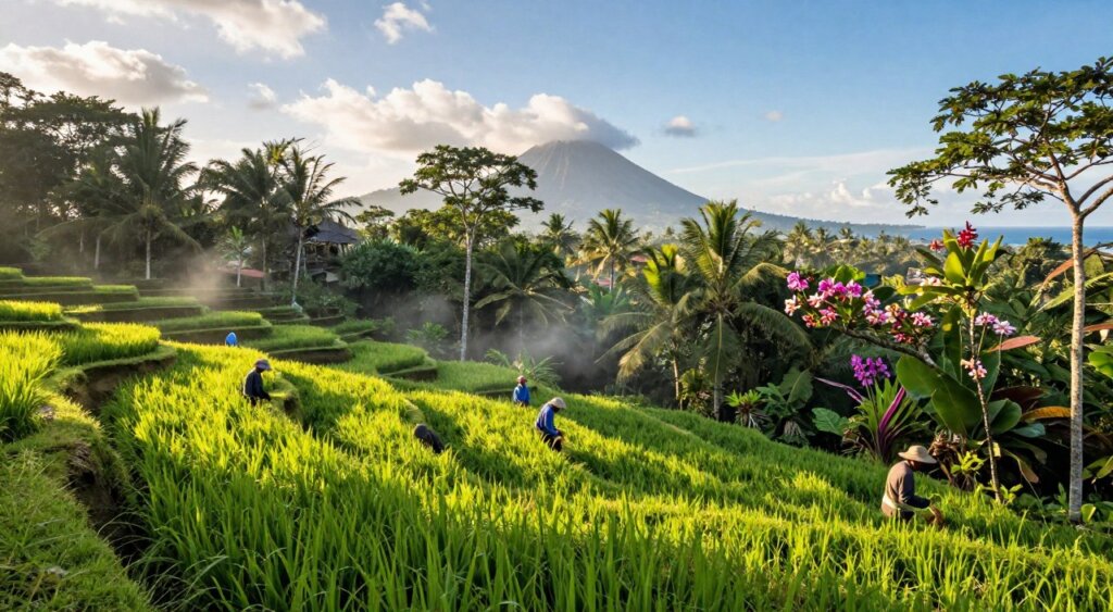 A vibrant representation of Bali's diverse microclimates in August. In the foreground, lush terraced rice paddies with varying shades of green, showing farmers in modest casual clothing tending to their crops. The middle ground features tropical forested areas with dense foliage, interspersed with colorful orchids and frangipani flowers, while mist gently rises from the ground, hinting at cooler temperatures. In the background, volcanic hills and the iconic coastline meet a clear blue sky with scattered clouds, showcasing the region's unique climate zones. Soft, warm sunlight filters through the trees, casting dappled shadows on the landscape. Capture a serene atmosphere, reflecting the rich biodiversity and tranquil beauty of Bali's microclimates. Use a wide-angle lens to encapsulate the expansive scenery.