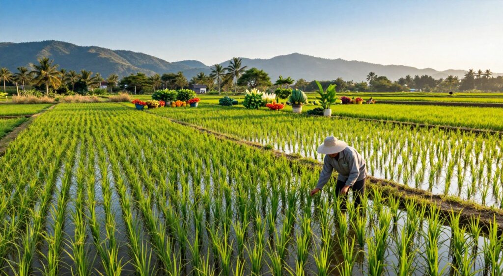 A vibrant rice paddy field in Southeast Asia, showcasing lush green terraces filled with water, reflecting the bright blue sky. In the foreground, a farmer dressed in modest, professional clothing carefully inspects the rice plants, demonstrating commitment to sustainable agriculture practices. The middle ground features a diverse array of crops such as vegetables and fruits, symbolizing rich agricultural production. In the background, rolling hills and palm trees create a picturesque landscape under soft, golden hour lighting, adding warmth to the scene. The overall atmosphere conveys a sense of harmony between nature and agriculture, emphasizing the importance of food safety and quality in the region. The image is captured with a wide-angle lens, highlighting the expansiveness of the farmland and the vibrant colors of Southeast Asia's agricultural bounty.