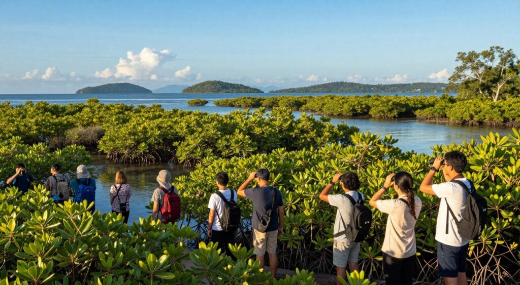 A vibrant scene at Karimunjawa National Park showcasing its lush mangrove ecosystem. In the foreground, a small group of diverse ecotourists wearing modest casual clothing, equipped with binoculars and cameras as they explore the mangroves. In the middle ground, dense greenery of mangrove trees interspersed with tranquil blue waters, reflecting sunlight. To the background, a stunning view of distant islands under a clear blue sky with a few fluffy clouds. The lighting is warm and natural, reminiscent of late afternoon sun, enhancing the vivid colors of the landscape. The atmosphere is serene and adventurous, capturing the essence of ecotourism in this unique natural habitat.