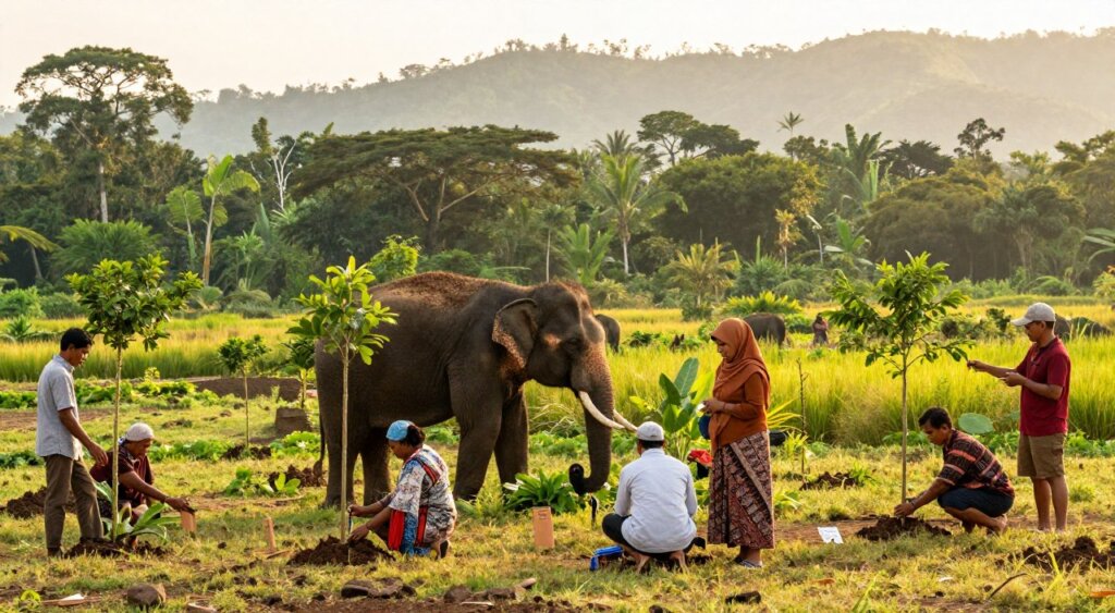 A vibrant scene capturing community wildlife protection efforts in a lush Sumatran landscape. In the foreground, a diverse group of locals, including men and women in modest clothing, engage in conservation activities, planting trees and setting up protection markers. The middle ground features a majestic Sumatran elephant, gently grazing on foliage, embodying the beauty of wildlife. In the background, dense tropical jungle and rolling hills bathe in warm golden sunlight, creating a serene yet hopeful atmosphere. The scene is taken from a slightly elevated angle, allowing a sweeping view that conveys the harmony between community and nature. Soft, natural lighting adds to the inviting and collaborative mood of the image, with an emphasis on sustainability and protection.