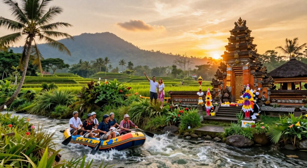 A vibrant scene capturing the essence of Bali in April, focusing on top activities and adventures. In the foreground, a group of travelers, wearing modest casual clothing, enjoys a thrilling rafting experience on a lush river surrounded by dense tropical greenery. Nearby, a couple stands atop a hill, taking in breathtaking views of rice terraces and distant mountains, with smiles of excitement. In the middle ground, a sacred Balinese temple glimmers in the sunlight, framed by colorful offerings and rich cultural details. The background features a stunning sunset casting warm golden tones across the sky, with hints of palm trees swaying gently in the breeze. The atmosphere is lively and adventurous, evoking a sense of exploration and enjoyment. The image is shot from a slightly elevated angle, enhancing the panoramic view of this tropical paradise. A vibrant scene capturing the essence of Bali in April, focusing on top activities and adventures. In the foreground, a group of travelers, wearing modest casual clothing, enjoys a thrilling rafting experience on a lush river surrounded by dense tropical greenery. Nearby, a couple stands atop a hill, taking in breathtaking views of rice terraces and distant mountains, with smiles of excitement. In the middle ground, a sacred Balinese temple glimmers in the sunlight, framed by colorful offerings and rich cultural details. The background features a stunning sunset casting warm golden tones across the sky, with hints of palm trees swaying gently in the breeze. The atmosphere is lively and adventurous, evoking a sense of exploration and enjoyment. The image is shot from a slightly elevated angle, enhancing the panoramic view of this tropical paradise.