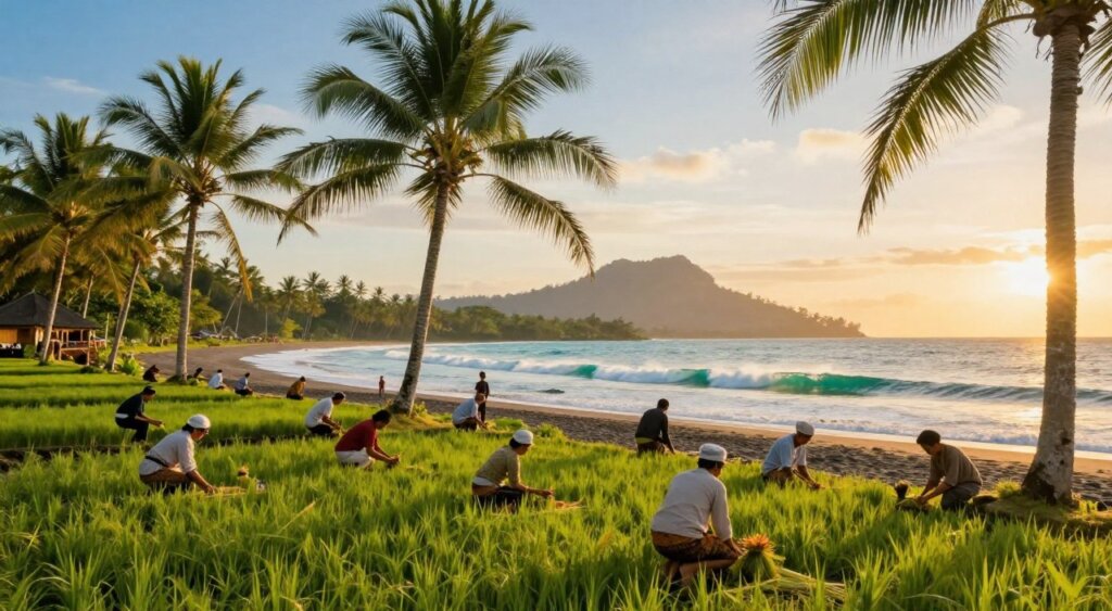 A vibrant scene capturing the essence of Bali in March, featuring a lush green landscape with palm trees swaying gently in the breeze. In the foreground, a group of diverse people, dressed in modest, casual clothing, are engaged in traditional Balinese activities such as rice planting and outdoor yoga, showcasing the harmony with nature. The middle ground includes an inviting beach with turquoise waters and surfers catching waves, while a stunning sunset bathes the entire scene in warm, golden light. The background reveals majestic mountains and a clear sky, creating a serene atmosphere that reflects the ideal climate of Bali in March. The image should have a soft focus, reminiscent of a dreamy vacation, without any text or distractions.