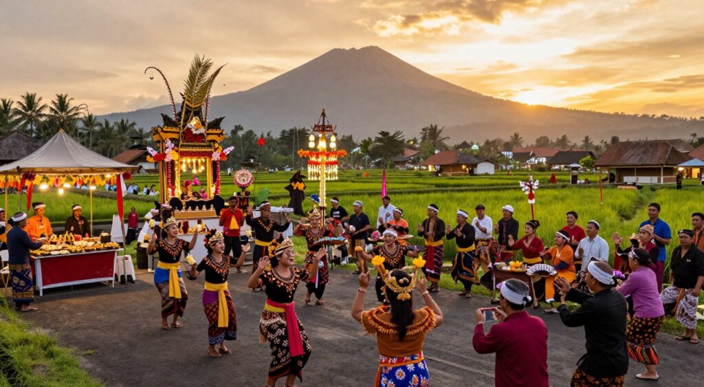 A vibrant scene capturing the essence of festive events in Bali during December. In the foreground, a group of diverse people dressed in colorful traditional Balinese attire, joyfully participating in a cultural celebration, showcasing traditional dance and music. The middle ground features beautifully decorated bamboo structures adorned with flowers and lights, along with food stalls serving local delicacies. In the background, lush green rice paddies and distant volcanic mountains provide a stunning backdrop under a golden sunset sky, casting warm light over the scene. The atmosphere is lively and joyful, reflecting the rich culture and festive spirit of Bali. Shot with a wide-angle lens to capture the depth and vibrancy of the scene, evoking a sense of wonder and excitement.