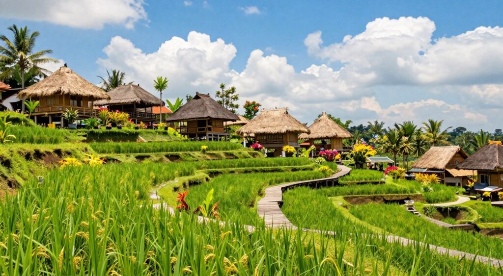 A vibrant scene depicting Bali in May, showcasing ideal weather conditions. In the foreground, a lush green rice terrace glistens under the warm midday sun. Small wooden pathways weave through the terrace, inviting exploration. The middle ground features traditional Balinese houses with thatched roofs, surrounded by colorful tropical flowers in full bloom. A clear blue sky dotted with fluffy white clouds stretches across the background, hinting at occasional light breezes. The lighting is bright and sunny, evoking a cheerful and welcoming atmosphere. Capture this serene setting with a wide-angle lens perspective, emphasizing the rich colors and textures of the landscape, and create a mood of tranquility and adventure, perfect for travelers beginning their journey in Bali. A vibrant scene depicting Bali in May, showcasing ideal weather conditions. In the foreground, a lush green rice terrace glistens under the warm midday sun. Small wooden pathways weave through the terrace, inviting exploration. The middle ground features traditional Balinese houses with thatched roofs, surrounded by colorful tropical flowers in full bloom. A clear blue sky dotted with fluffy white clouds stretches across the background, hinting at occasional light breezes. The lighting is bright and sunny, evoking a cheerful and welcoming atmosphere. Capture this serene setting with a wide-angle lens perspective, emphasizing the rich colors and textures of the landscape, and create a mood of tranquility and adventure, perfect for travelers beginning their journey in Bali.