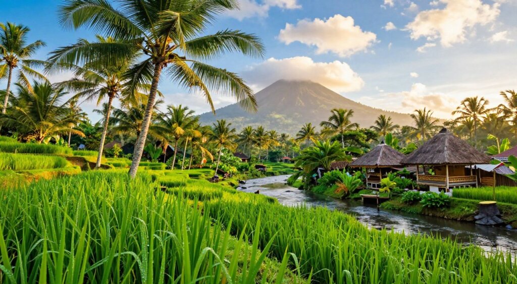 A vibrant scene depicting Bali's tropical climate in October. In the foreground, lush green rice terraces glisten with dew drops, while a gentle breeze stirs the palm trees above. In the middle ground, a tranquil river meanders through dense tropical foliage, reflecting the bright blue sky dotted with fluffy white clouds. Nearby, a quaint Balinese hut showcases traditional architecture, adding local charm. In the background, majestic volcanic mountains loom under warm golden sunlight, suggesting the island's unique geography. The overall atmosphere is serene and inviting, with bright, saturated colors that evoke a sense of tropical paradise. The lighting is soft and natural, capturing the essence of a perfect Bali day in October. A vibrant scene depicting Bali's tropical climate in October. In the foreground, lush green rice terraces glisten with dew drops, while a gentle breeze stirs the palm trees above. In the middle ground, a tranquil river meanders through dense tropical foliage, reflecting the bright blue sky dotted with fluffy white clouds. Nearby, a quaint Balinese hut showcases traditional architecture, adding local charm. In the background, majestic volcanic mountains loom under warm golden sunlight, suggesting the island's unique geography. The overall atmosphere is serene and inviting, with bright, saturated colors that evoke a sense of tropical paradise. The lighting is soft and natural, capturing the essence of a perfect Bali day in October.
