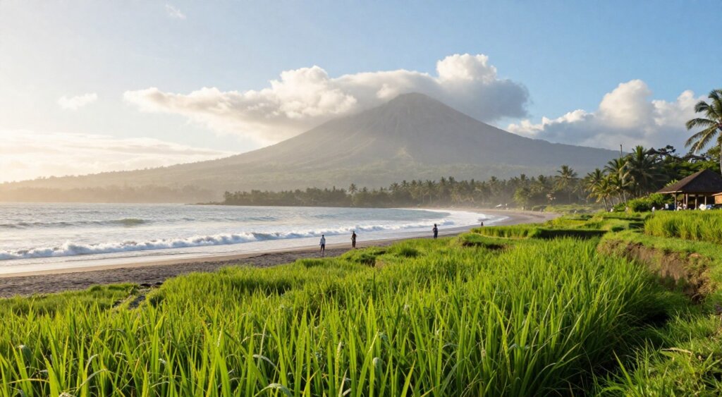 A vibrant scene depicting September weather conditions in Bali. In the foreground, lush green rice terraces glisten after a light morning rain, with droplets catching the sunlight. The middle ground features a tranquil beach with gentle waves lapping at the shore, and a few modestly dressed tourists enjoying the warm, sunny day. The background showcases dramatic volcanic mountains partially covered in mist, under a bright blue sky scattered with fluffy white clouds. The atmosphere is serene and inviting, capturing the essence of Bali's tropical paradise. Soft, diffused lighting enhances the colors, creating a warm and welcoming feel. The photo is taken with a wide-angle lens to encapsulate the breathtaking natural beauty.