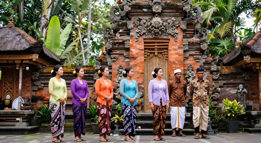 A vibrant scene depicting a beautifully designed temple in Bali, showcasing lush tropical greenery surrounding it. In the foreground, a diverse group of individuals dressed in modest, culturally appropriate attire stands thoughtfully near the temple entrance. Women wear elegant long skirts and blouses in bright, flowing fabrics, while men are clad in smart batik shirts and lightweight trousers. Soft, diffused sunlight filters through the trees, creating an inviting and serene atmosphere. The camera is positioned at eye level, capturing the expressions of respect and awe on the visitors' faces as they admire the intricate architectural details of the temple. The overall mood conveys a sense of cultural appreciation and reverence, perfect for an article focused on dress code and traditions in Bali.