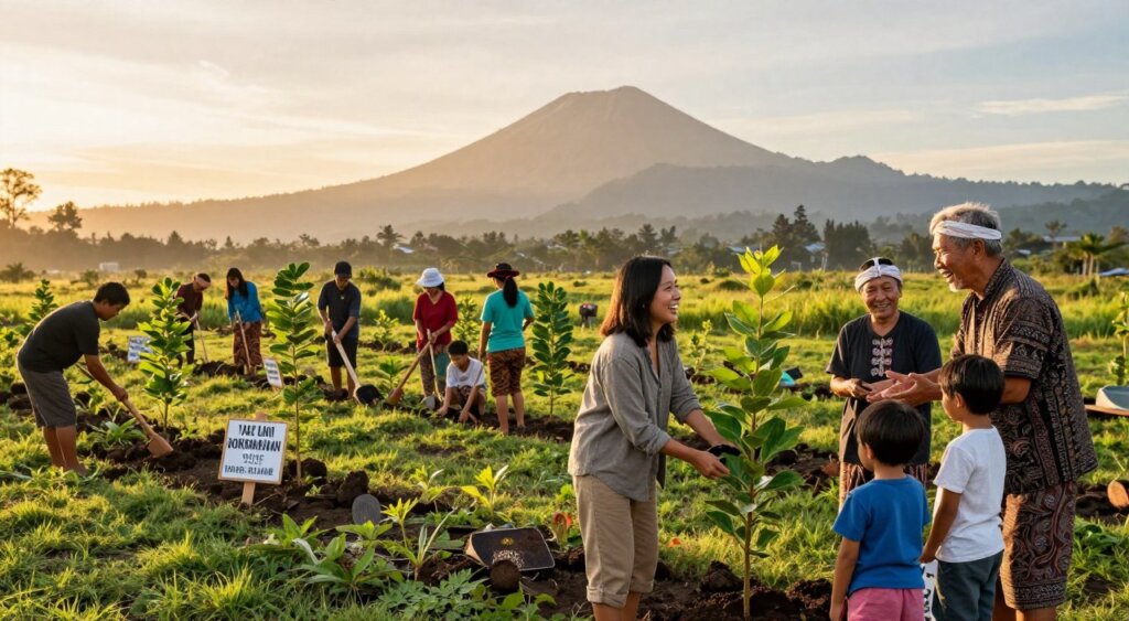 A vibrant scene depicting a group of community members collaborating in a lush green area near Mount Bromo, showcasing their commitment to conservation and culture. In the foreground, two individuals in modest casual clothing are planting native trees, smiling and engaging with each other, while a local elder shares cultural knowledge with children. In the middle ground, a collective of community members works together on a sustainable farming project, with traditional tools and handmade signs promoting environmental awareness. The background reveals the majestic silhouette of Mount Bromo under a golden sun, casting a warm, inviting light across the landscape. The atmosphere exudes positivity, unity, and a deep connection to nature and heritage, reminiscent of professional photojournalism. The composition is shot from a slight elevation to capture the entire scene harmoniously.