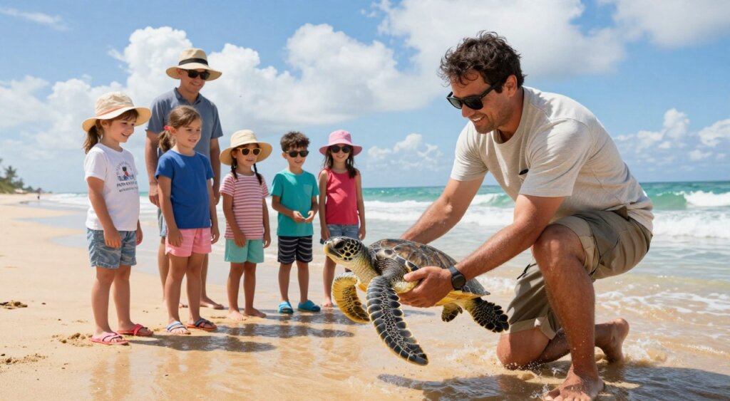 A vibrant scene depicting a sea turtle conservation effort at Kuta Beach. In the foreground, a caring marine biologist in modest casual clothing is gently holding a baby sea turtle, preparing to release it into the warm, inviting ocean. In the middle ground, a small group of families, including children, are watching enthusiastically, wearing sun hats and sunglasses, all smiles as they engage in educational activities about marine life. The beautiful beach stretches out in the background, with soft golden sand and gentle waves lap at the shore under a bright blue sky filled with fluffy white clouds. The lighting is warm and sunny, creating a cheerful and hopeful atmosphere, capturing the essence of beach fun and safe play at Kuta Beach.