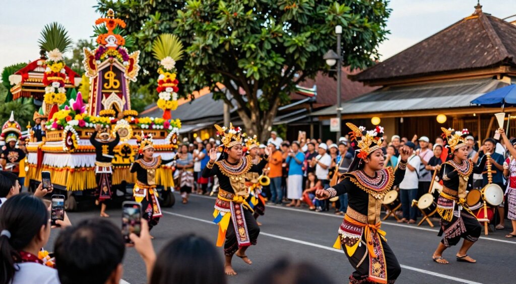 A vibrant scene depicting the opening parade of the Bali Arts Festival, showcasing traditional Balinese performers in colorful costumes with intricate details. In the foreground, dancers are gracefully performing dynamic movements, adorned with elaborate headdresses and accessories, while musicians play traditional instruments. The middle ground features a crowd of eager spectators, some capturing the moment on their smartphones, and an array of decorative floats adorned with tropical flowers and cultural symbols. In the background, lush green trees and the iconic Balinese architecture provide context, creating a festive atmosphere. The lighting is warm and inviting, as if captured during golden hour, with a slightly blurred depth of field to emphasize the performers. The mood is celebratory and culturally rich, encapsulating the essence of the festival.