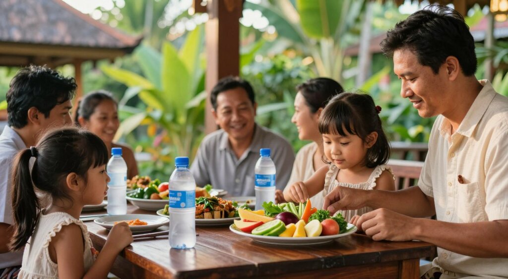 A vibrant scene of a family enjoying a meal at a Balinese restaurant, focusing on food and water safety for children. In the foreground, a cheerful young girl, around 6 years old, dressed in modest lightweight clothing, inspects a colorful plate of fresh, local fruits and vegetables, while an attentive parent demonstrates best practices for food safety. In the middle ground, a family is gathered around a traditional wooden table adorned with safe, clean drinking water in sterilized bottles and well-prepared dishes, showcasing the culinary culture of Bali. The background features lush tropical greenery and a traditional Balinese structure, bathed in warm, natural light of late afternoon, creating a welcoming and safe atmosphere. The composition should convey warmth, security, and the importance of health while traveling.