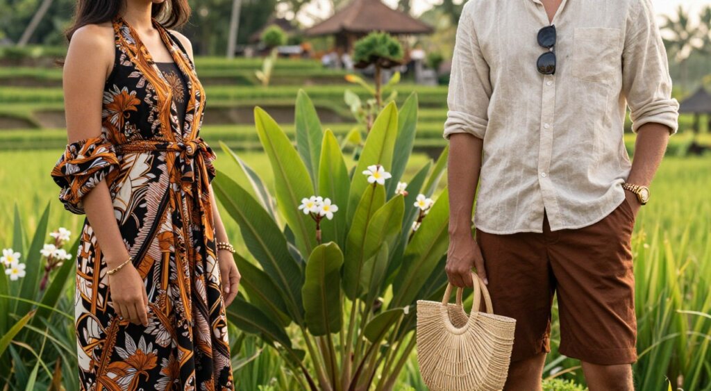 A vibrant scene showcasing Balinese tropical fashion elements, featuring models in elegant, modest summer attire inspired by local fabrics and traditional patterns. In the foreground, capture two models—one wearing a flowing batik dress and the other in a stylish linen shirt paired with tailored shorts. Both have accessories like natural fiber bags and handcrafted jewelry. The middle ground should include lush green tropical plants and delicate frangipani flowers, subtly framing the models. The background reveals a serene Balinese landscape with rice terraces under soft, warm sunlight, creating a relaxed and inviting atmosphere. Use a shallow depth of field for a professional photojournalism style, with a slight blur on the background to highlight the fashion elements in a crisp, Instagram-ready composition. The overall mood is vibrant and uplifting, embodying the essence of Balinese aesthetics.