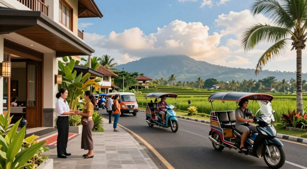 A vibrant scene showcasing Bali's accommodation and transport connectivity in December. In the foreground, a well-designed hotel with modern architecture, featuring lush tropical landscaping. A friendly hotel staff member in smart casual attire stands at the entrance, welcoming guests. In the middle ground, a bustling street with local transport options including motorbikes and traditional 'bemo' minibuses, as well as tourists engaged in exploring. The background presents a picturesque view of Bali’s iconic rice terraces and distant mountains under a bright blue sky with soft, fluffy clouds. The warm, inviting lighting creates a cheerful atmosphere, capturing the essence of a tropical getaway. The image should be well-composed, focusing on the dynamic interaction between accommodation and local transport.