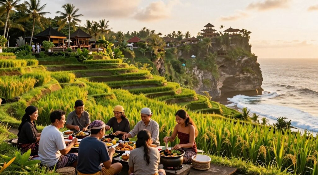 A vibrant scene showcasing Bali's attractions and activities. In the foreground, a group of tourists in modest casual clothing engages in a traditional Balinese cooking class, smiles on their faces as they prepare local dishes. In the middle ground, the majestic rice terraces of Tegallalang stretch out, glistening under the warm sunlight, with lush green rice plants swaying gently in the breeze. To the background, the iconic Uluwatu Temple perches dramatically on a cliff overlooking the ocean, waves crashing against the rocks below. The image captures warm golden hour lighting, creating a magical atmosphere. Use a wide-angle lens effect to encompass this harmonious blend of culture, nature, and adventure, evoking a sense of wonder and exploration.