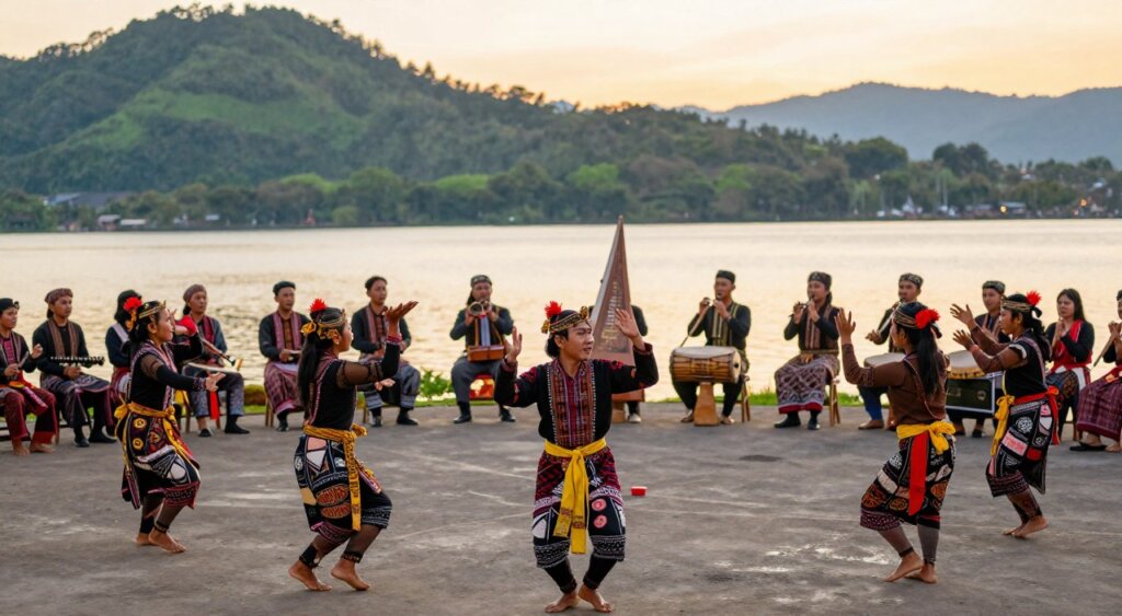 A vibrant scene showcasing a Traditional Batak music and dance performance, set against the stunning backdrop of Lake Toba. In the foreground, a group of dancers dressed in colorful Batak costumes performs energetically, expressing their cultural heritage with elaborate hand movements and synchronized footwork. The middle layer features musicians playing traditional instruments, like the gondang (drum) and sarunai (flute), with expressions of focus and passion. In the background, picturesque views of lush green hills and the serene lake reflect the warm golden light of the setting sun, creating a magical atmosphere. Capture this moment with a shallow depth of field for a soft bokeh effect. Aim for a slightly elevated angle to encompass both the dancers and musicians, evoking a sense of immersion in this captivating cultural experience.