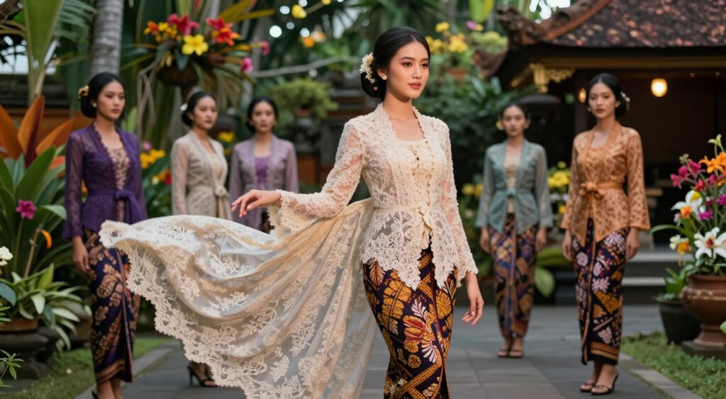 A vibrant scene showcasing modern kebaya fashion trends, featuring a fashionable woman gracefully wearing a contemporary kebaya, adorned with intricate lace and vibrant batik patterns. The foreground captures her in a dynamic pose, with flowing fabrics that highlight the elegance of the attire. In the middle ground, other models showcase diverse kebaya interpretations, each with unique colors and textures, set against a backdrop of a lush Balinese garden, complete with tropical flowers and traditional architecture. Soft, ambient lighting filters through, creating a warm atmosphere that enhances the intricate details of the fabrics. The angle captures the essence of fashion photography, evoking sophistication and a sense of cultural pride, without any text or distractions. A vibrant scene showcasing modern kebaya fashion trends, featuring a fashionable woman gracefully wearing a contemporary kebaya, adorned with intricate lace and vibrant batik patterns. The foreground captures her in a dynamic pose, with flowing fabrics that highlight the elegance of the attire. In the middle ground, other models showcase diverse kebaya interpretations, each with unique colors and textures, set against a backdrop of a lush Balinese garden, complete with tropical flowers and traditional architecture. Soft, ambient lighting filters through, creating a warm atmosphere that enhances the intricate details of the fabrics. The angle captures the essence of fashion photography, evoking sophistication and a sense of cultural pride, without any text or distractions.