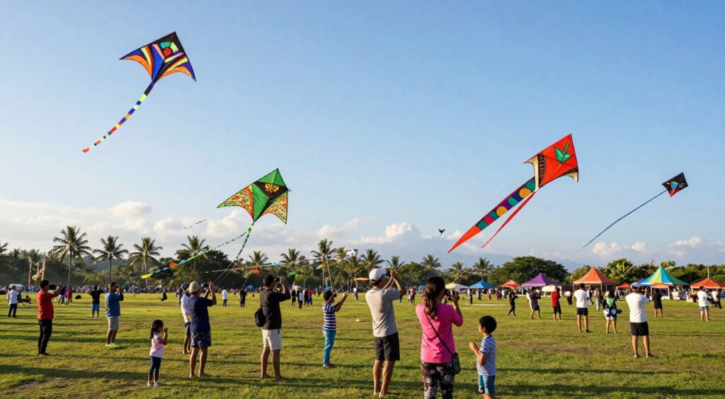 A vibrant scene showcasing the Bali Kite Festival, with a focus on colorful kites soaring high against a clear blue sky. In the foreground, enthusiastic visitors, including diverse groups of families and friends, are shown engaging with the festival, dressed in modest summer clothing, capturing the moment with their cameras. The middle ground features magnificent kites of various shapes and sizes, intricately designed with traditional Balinese patterns, dancing in the wind. The background illustrates the lush green landscape of Bali, dotted with palm trees and distant hills under warm sunlight, creating a joyful and festive atmosphere. The photograph is shot with a wide-angle lens to capture the scale of the event, emphasizing the energy and excitement of the festival.