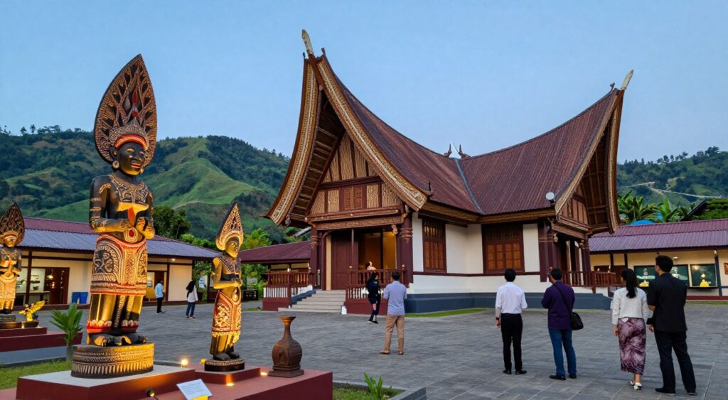 A vibrant scene showcasing the Batak Museum in Lake Toba, Indonesia. In the foreground, traditional Batak sculptures and artifacts are illuminated by soft, natural light, reflecting their intricate designs and cultural significance. The middle ground features the museum's distinctive architecture, with its traditional Batak house shape and elegant wooden details. Visitors dressed in modest, professional attire admire the exhibits, adding a sense of engagement and appreciation to the atmosphere. In the background, the lush, green hills surrounding Lake Toba create a serene ambiance, with clear blue skies enhancing the natural beauty. Capture this moment in a wide-angle shot to convey the rich cultural heritage and inviting charm of the museum, evoking curiosity and admiration.