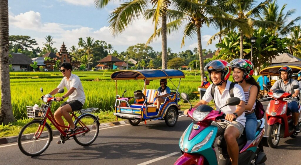 A vibrant street scene in Bali during April, showcasing various modes of transportation. In the foreground, a cheerful couple in casual clothing rides a colorful scooter, their helmets adorned with floral designs. The middle ground features a traditional Balinese taxi alongside cyclists pedaling through lush greenery, with palm trees swaying gently in the warm sunlight. In the background, a scenic view of rice terraces and an iconic temple peeks through the verdant landscape under a bright, blue sky. The lighting is golden and inviting, capturing the essence of a sunny day in Bali. The atmosphere feels lively and adventurous, illustrating the effortless charm of getting around in this tropical paradise. A vibrant street scene in Bali during April, showcasing various modes of transportation. In the foreground, a cheerful couple in casual clothing rides a colorful scooter, their helmets adorned with floral designs. The middle ground features a traditional Balinese taxi alongside cyclists pedaling through lush greenery, with palm trees swaying gently in the warm sunlight. In the background, a scenic view of rice terraces and an iconic temple peeks through the verdant landscape under a bright, blue sky. The lighting is golden and inviting, capturing the essence of a sunny day in Bali. The atmosphere feels lively and adventurous, illustrating the effortless charm of getting around in this tropical paradise.