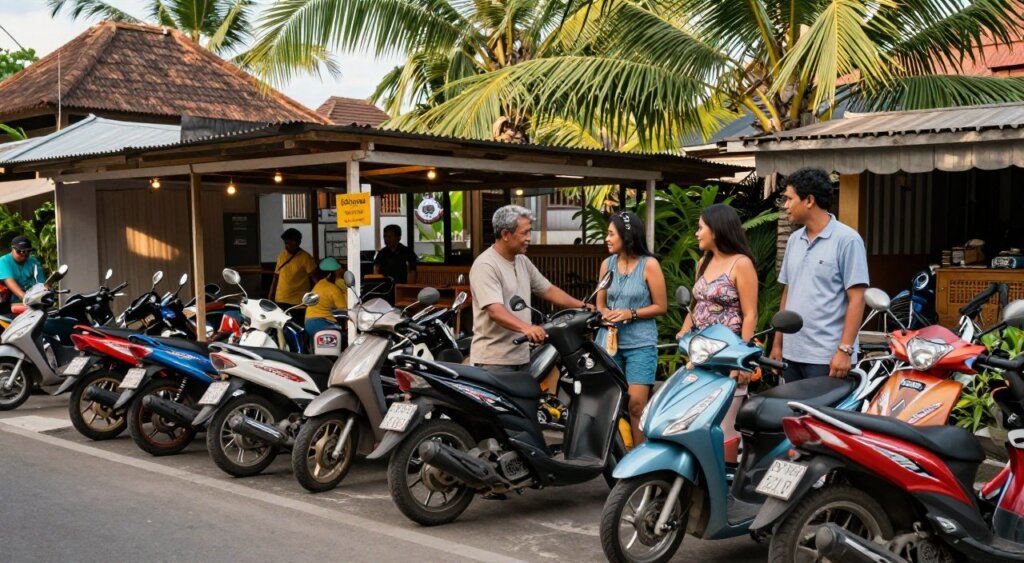 A vibrant street scene in Bali showcasing a scooter rental shop, placed in the foreground. The shop is filled with colorful scooters of various models, inviting tourists to explore the island. In the middle ground, a friendly local in modest casual clothing assists a couple of tourists examining rental options, creating a welcoming atmosphere. Palm trees sway gently in the warm tropical breeze, and traditional Balinese architecture subtly blends into the background, adding cultural context. The scene is illuminated by soft, dappled sunlight filtering through the leaves, enhancing the relaxed vibe of Bali. The angle captures the lively hustle of the area, with other tourists and locals engaging in daily activities, conveying the accessibility and affordability of transportation in Bali.
