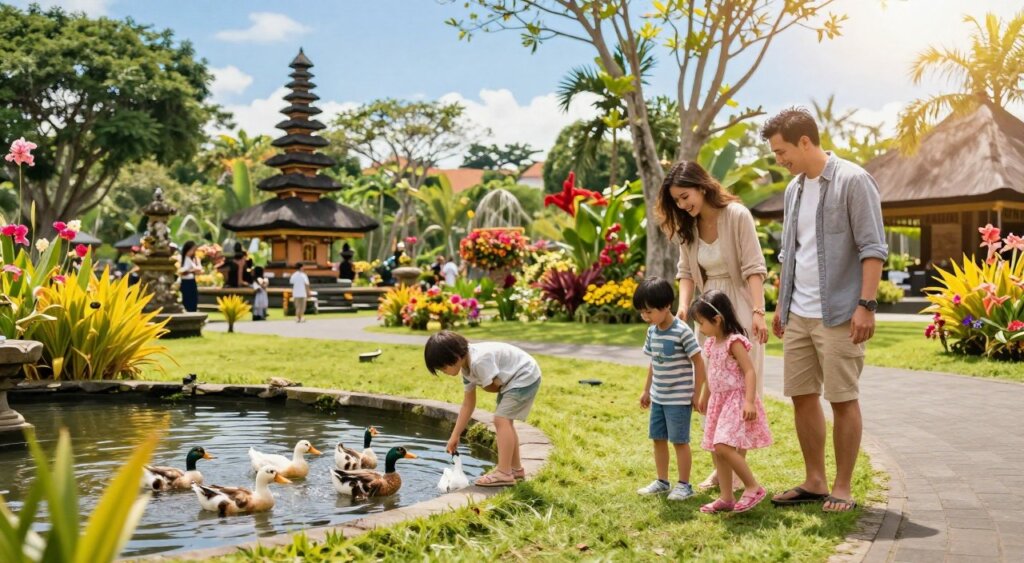 A vibrant, sunny day in Bali, showcasing a family engaging in safe, kid-friendly activities. In the foreground, a smiling mother and father, dressed in modest, casual clothing, are guiding their two children (a boy and a girl) as they explore a lush, green park filled with colorful flowers and trees. The middle layer features a small, shallow pond where children are carefully feeding ducks, surrounded by well-maintained pathways and bright tropical plants. In the background, traditional Balinese architecture is visible, with a clear blue sky overhead and soft, warm sunlight filtering through the trees. The atmosphere is joyful and serene, capturing the essence of a safe family outing in Bali. The image has a professional photojournalism style, emphasizing clarity, natural colors, and a warm, inviting mood.