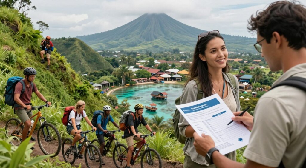A vibrant travel scene depicting a diverse group of travelers participating in various activities like hiking, diving, and biking in Indonesia's lush landscapes. In the foreground, a couple in modest casual clothing examines a travel insurance document, with medical evacuation symbols subtly integrated into the design. In the middle, adventurous travelers engage in climbing lush green hills and exploring coral reefs, illustrating the specific risks covered by their insurance. The background features iconic Indonesian scenery, including volcanic mountains and bustling markets. Soft, natural lighting illuminates the scene, creating an inviting and adventurous atmosphere. The composition has a dynamic angle, capturing the excitement of exploration while highlighting the importance of safety in travel. The image should feel professional and polished, akin to National Geographic quality.