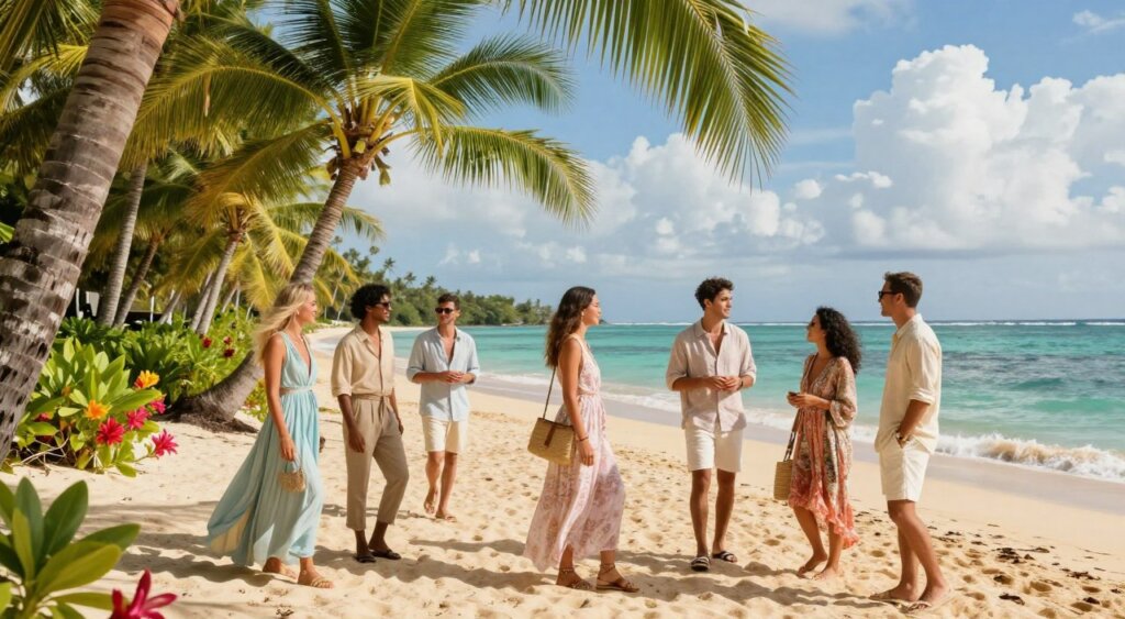 A vibrant tropical island scene showcasing chic outfit ideas inspired by Bali's aesthetic. In the foreground, a diverse group of stylish individuals wearing light, breathable clothing in pastel colors—flowy dresses, linen shirts, and tailored shorts—exude effortless elegance. They are engaged in friendly conversation, surrounded by lush green palm trees and colorful flowers. The middle ground features a scenic beach with soft golden sand and gentle waves lapping at the shore, while in the background, serene turquoise waters extend under a bright blue sky, dotted with fluffy white clouds. The sunlight bathes the scene in a warm, inviting glow, enhancing the tropical vibe. The composition captures a sense of relaxation and sophistication, ideal for showcasing the Bali aesthetic in a professional and visually appealing manner.