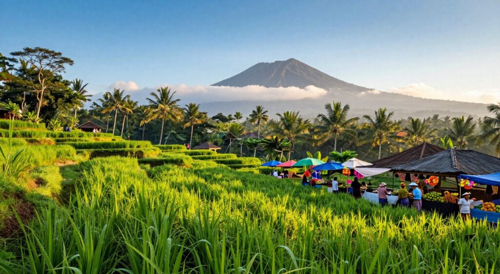 A vibrant tropical landscape of Bali showcasing its distinct climate seasons. In the foreground, lush green rice terraces under a clear blue sky, with gentle sunlight illuminating the dew on the leaves. The middle ground features a vibrant local market with vendors wearing traditional Balinese attire and offering tropical fruits and flowers, indicative of the hot, dry season in July. In the background, the majestic volcanic mountains are partially shrouded in soft clouds, hinting at the wet season’s approach. The lighting is warm and inviting, casting long shadows and creating a sense of tranquility. The overall mood is serene and picturesque, embodying the beauty and diversity of Bali’s climate throughout the year. Please avoid any text, captions, or watermarks in the image.
